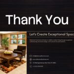 Dark Wood Texture Thank You Slide - Closing slide with bold headline, classic living room photo, and contact details with icons