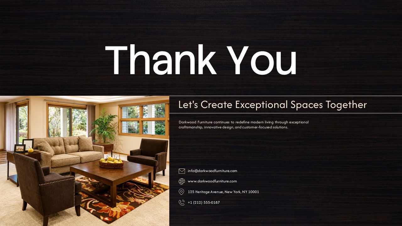 Dark Wood Texture Thank You Slide - Closing slide with bold headline, classic living room photo, and contact details with icons