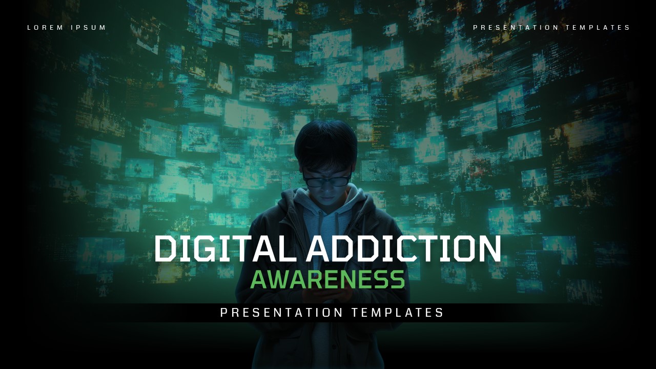 Digital Addiction Awareness Template - cinematic cover slide with screen vortex, bold white title, and green accent subtitle