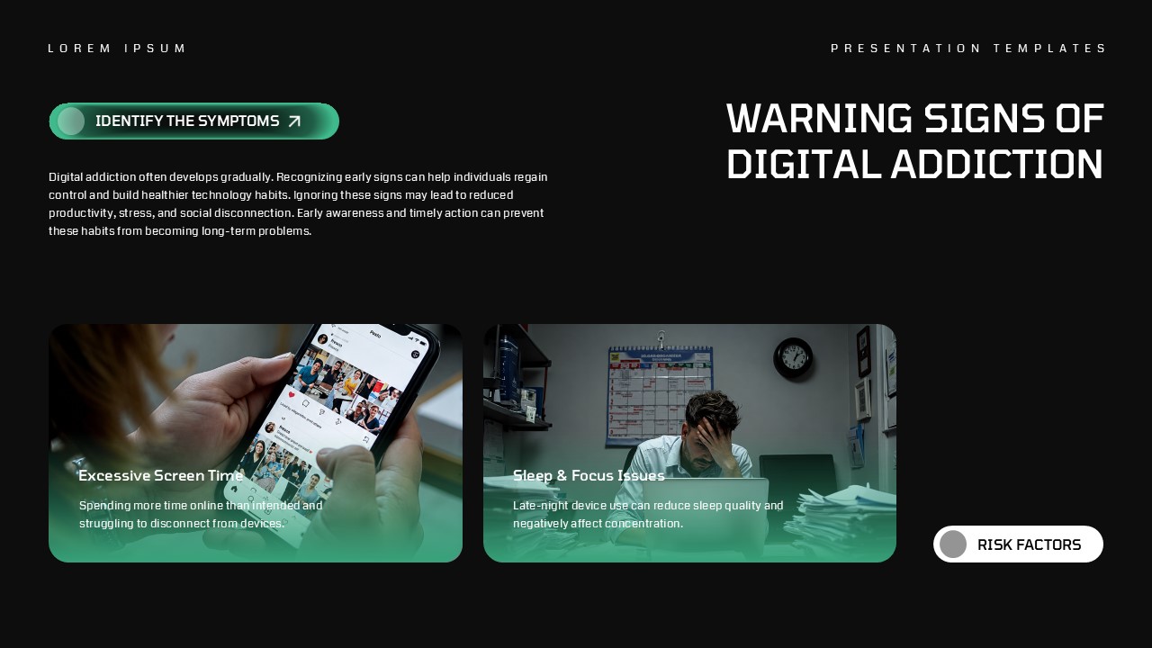 Digital Addiction Awareness Template - mental health impact slide with two numbered green icon points and left-side photo