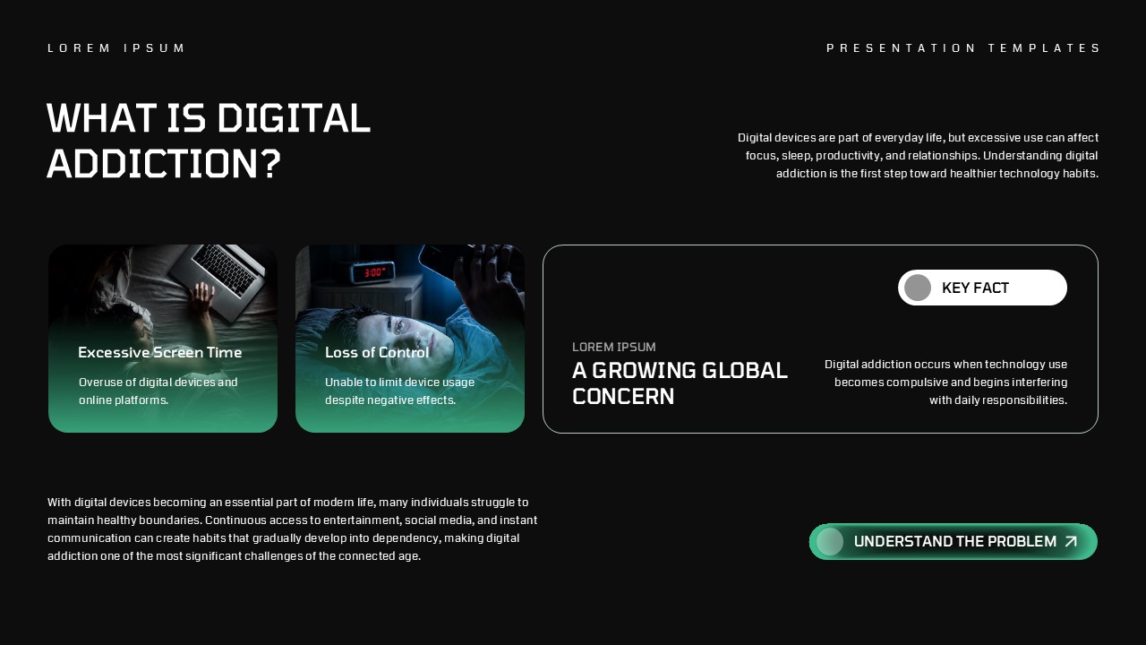 Digital Addiction Awareness Template - definition slide with two image cards, key fact panel, and body text on dark background