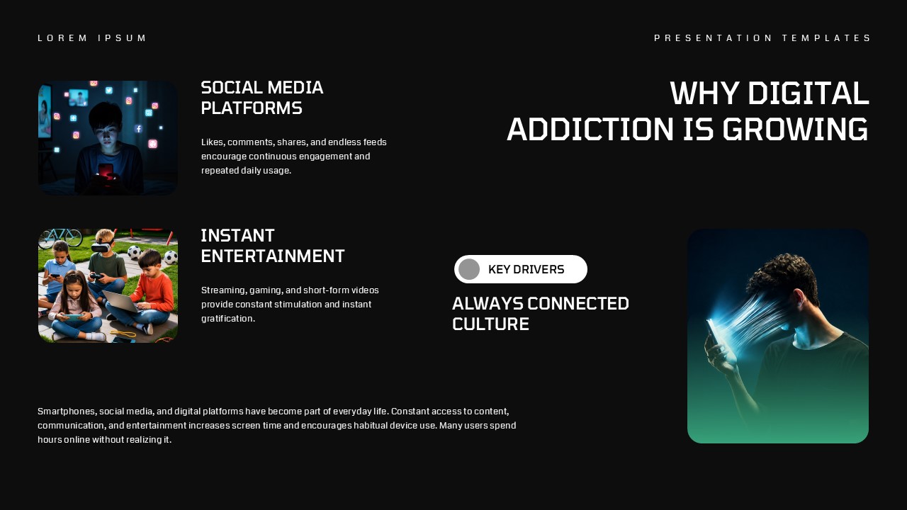Digital Addiction Awareness Template - causes slide with two image blocks, key drivers badge, and hero image on dark layout