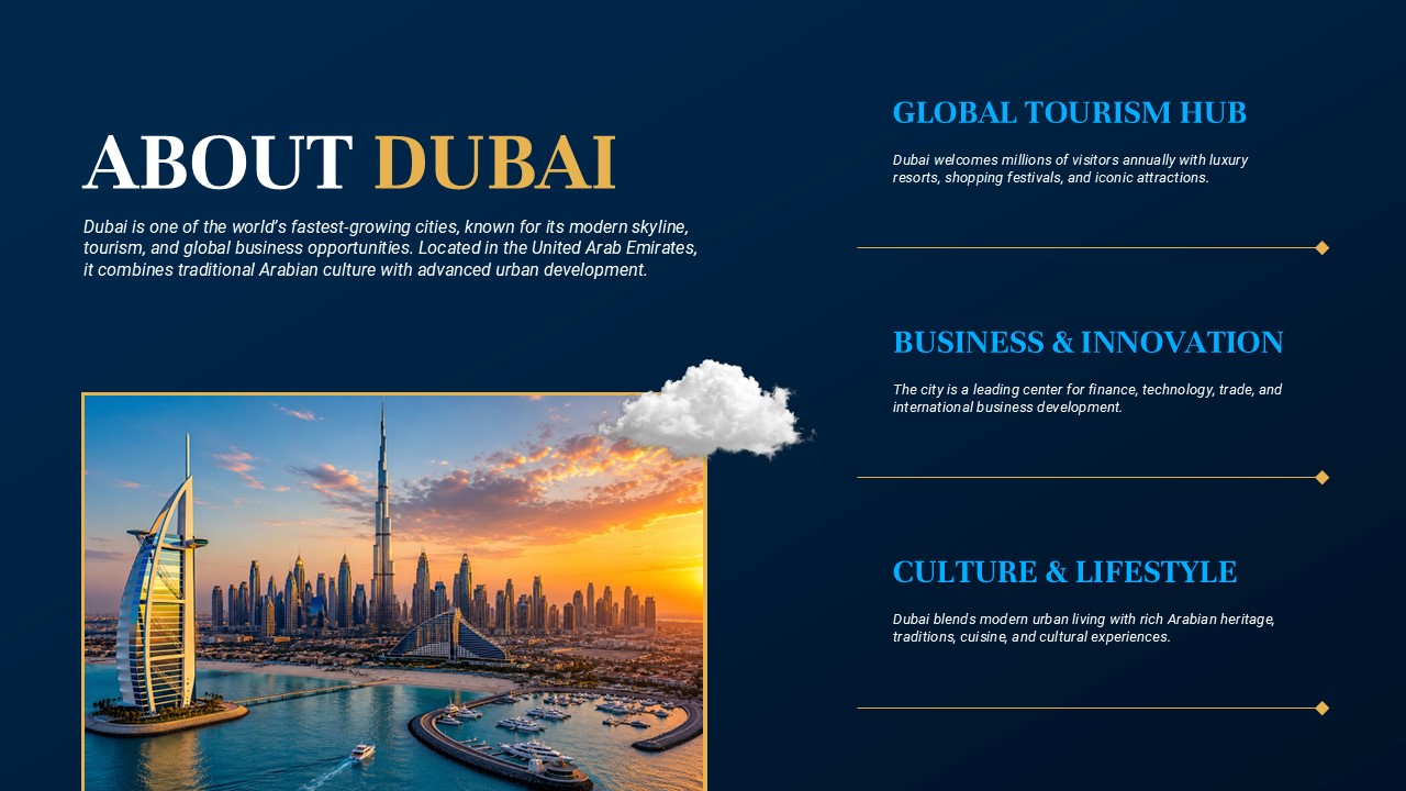Dubai Google Slides Template - About Dubai content slide with skyline panoramic view