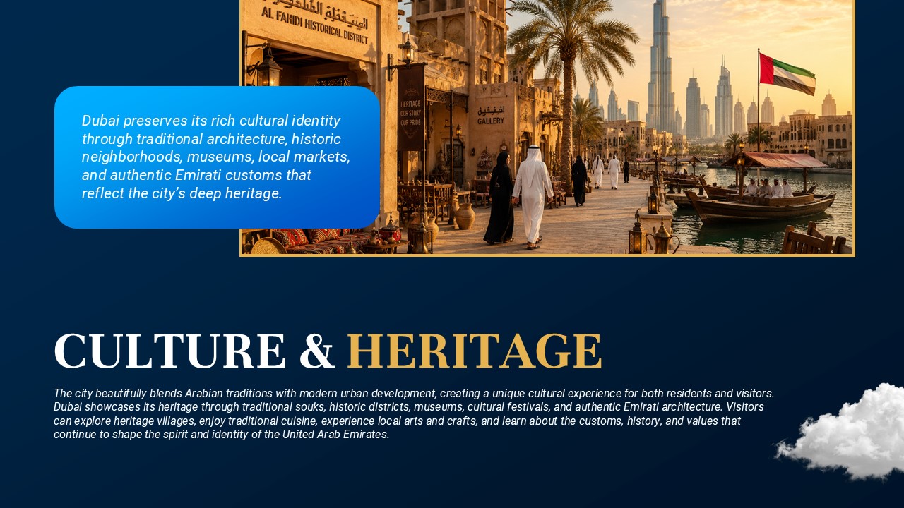 Dubai Culture Template - Heritage slide featuring Al Fahidi Historical District architecture
