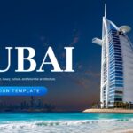 Dubai PowerPoint Template - Title slide featuring Burj Al Arab hotel and turquoise waters