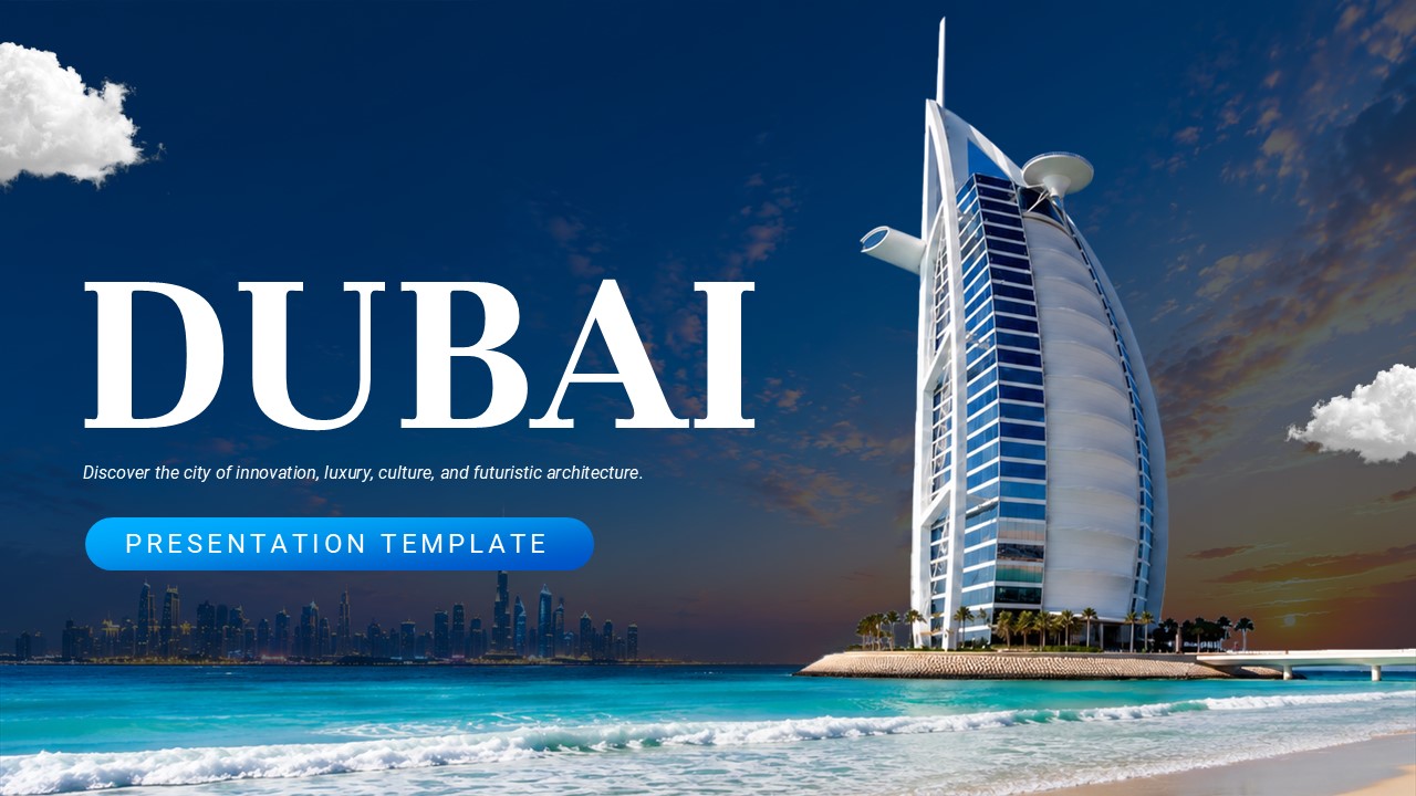 Dubai PowerPoint Template - Title slide featuring Burj Al Arab hotel and turquoise waters