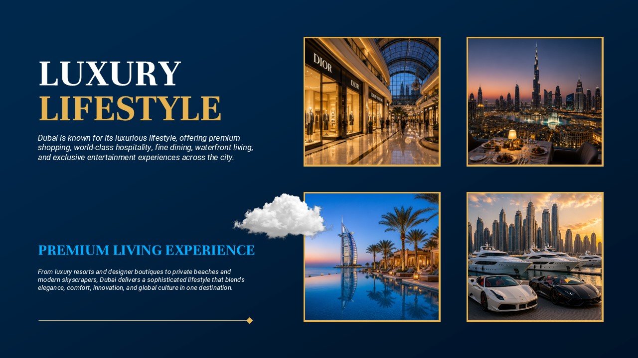 Dubai Luxury Template - Lifestyle slide with premium shopping, dining and resort imagery