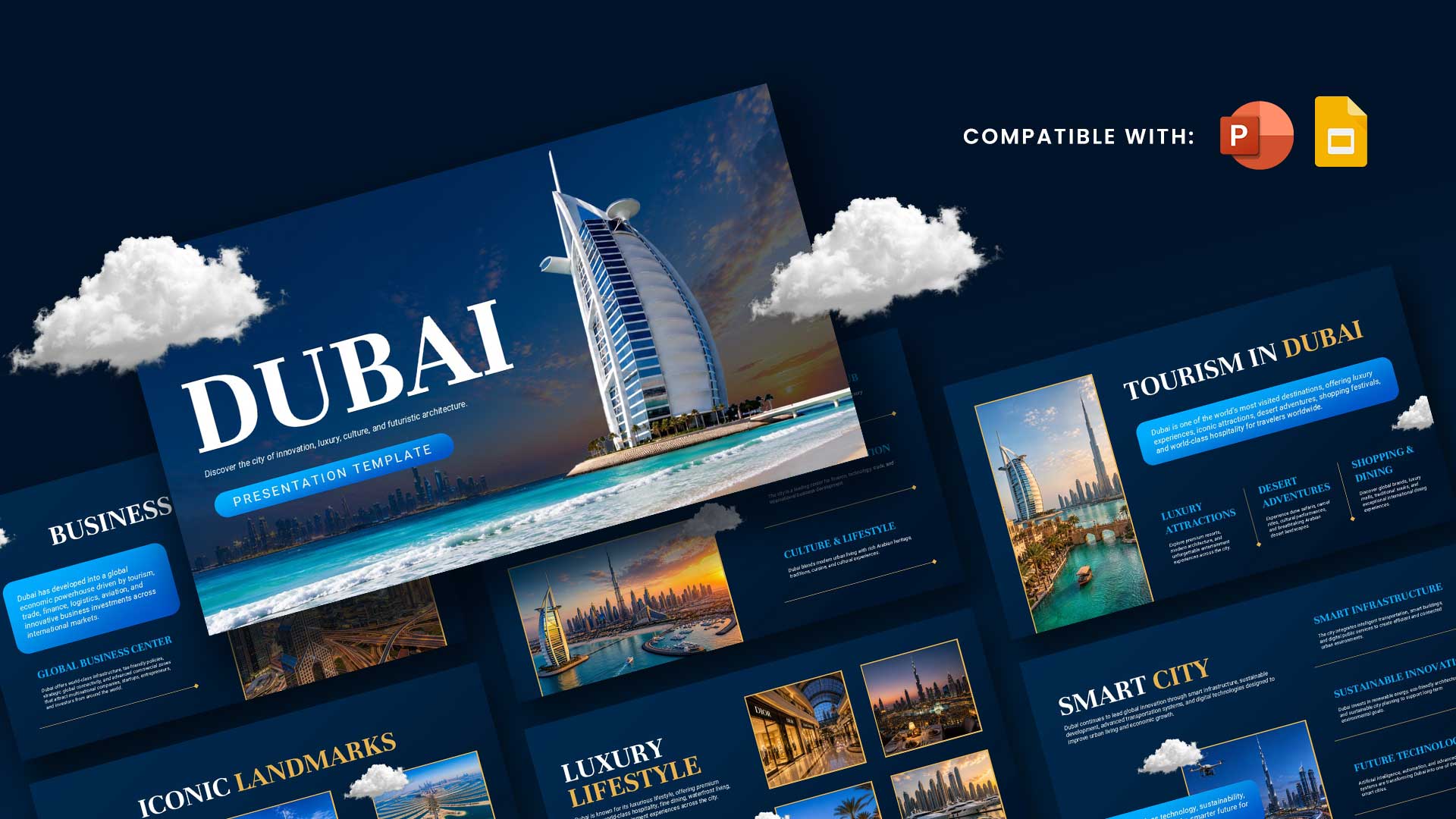 Dubai Theme Template - Professional presentation overview with navy blue design and cloud elements