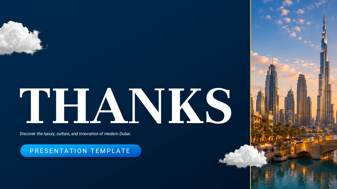 Dubai Thank You Template - Closing slide with twilight cityscape and Burj Khalifa