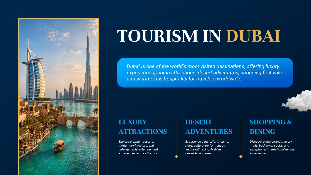 Dubai Tourism Template - Tourism slide with waterfront boats and modern architecture layout