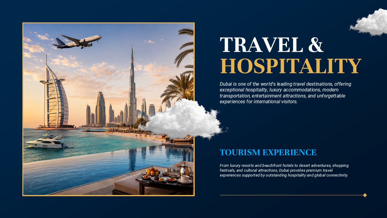 Dubai Travel Template - Hospitality slide with luxury beachfront and Burj Al Arab view