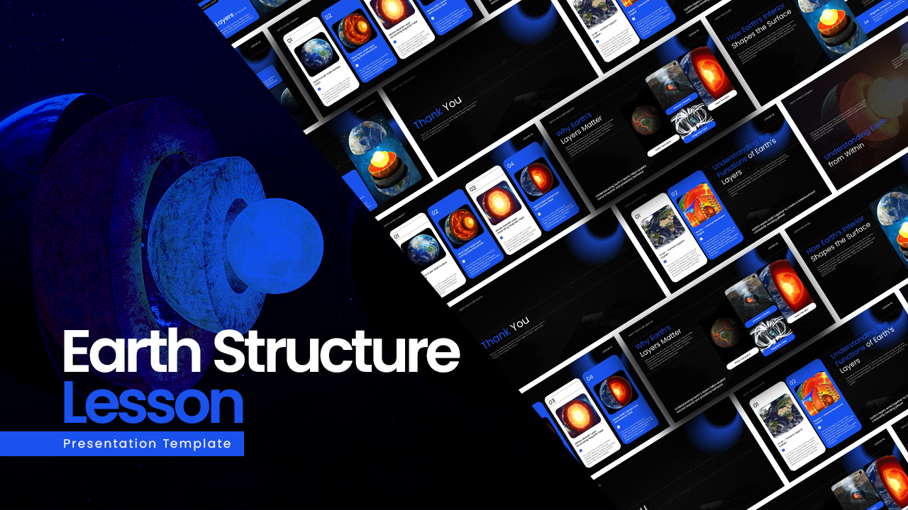 Earth Structure Diagram Template - cover image with 3D Earth cross-section and slide previews on dark background