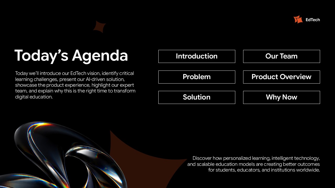 EdTech Startup agenda slide mapping presentation journey through six key sections with organized navigation grid