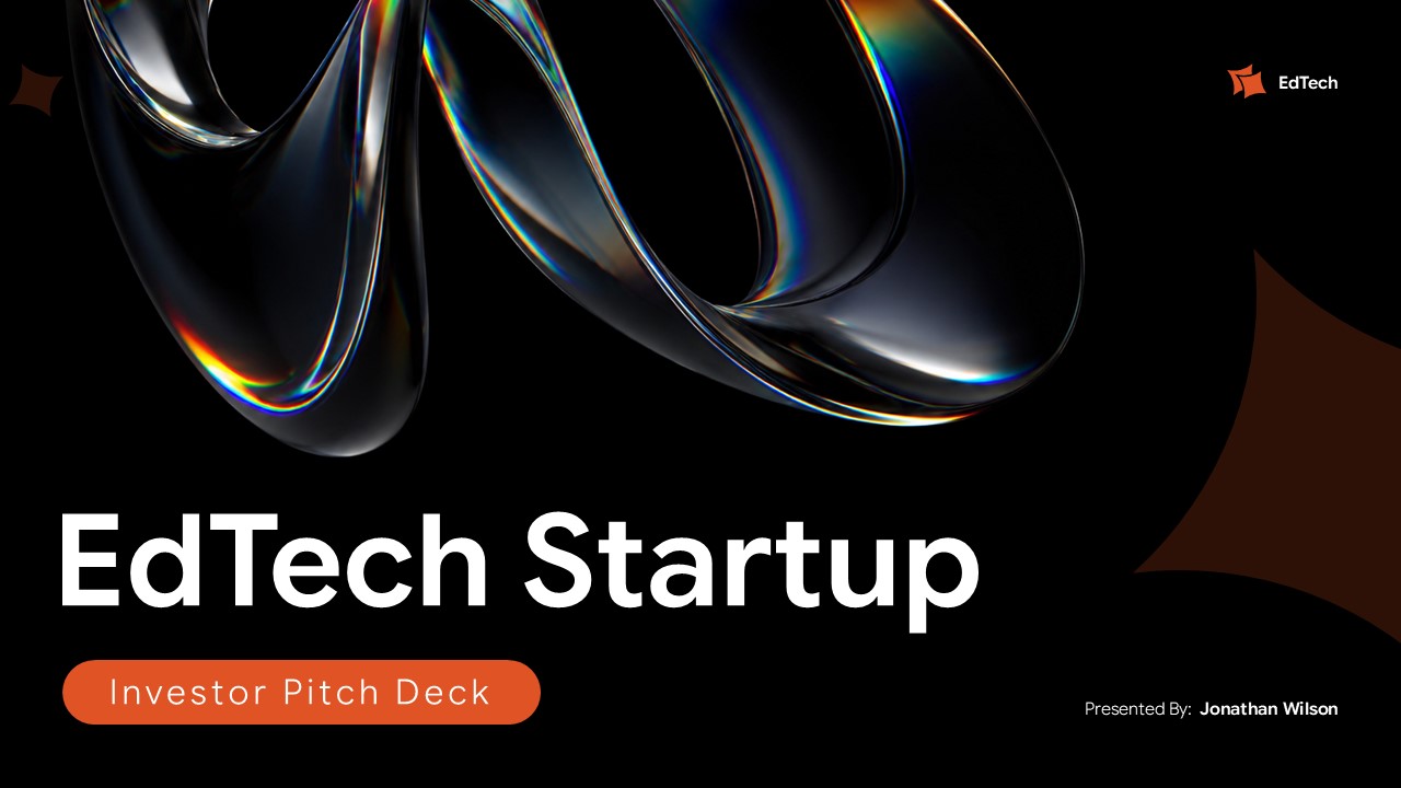 EdTech Startup title slide presenting clean branding with iridescent 3D graphics and presenter credentials layout