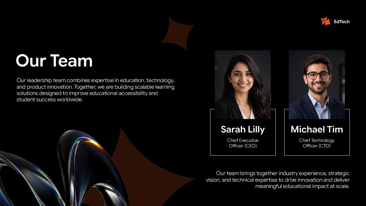 EdTech Startup team slide showcasing leadership profiles with professional headshots and executive credentials display
