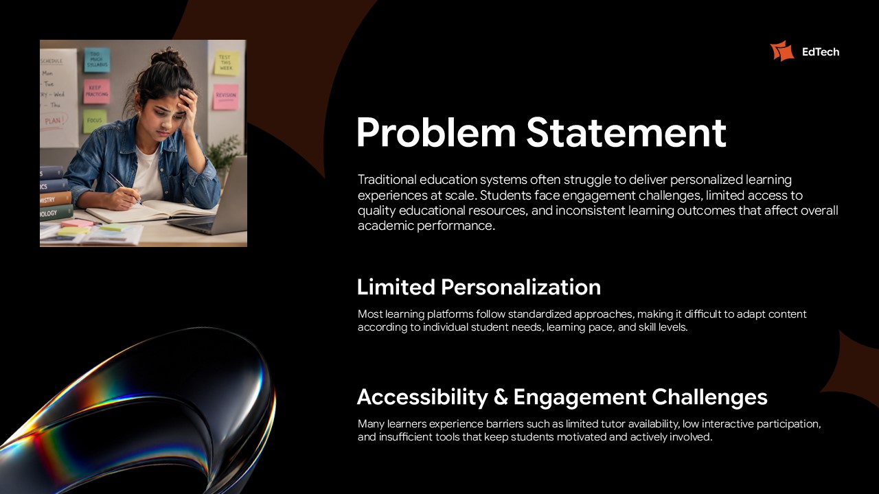 EdTech Startup problem slide identifying education challenges through student struggle imagery and structured pain points