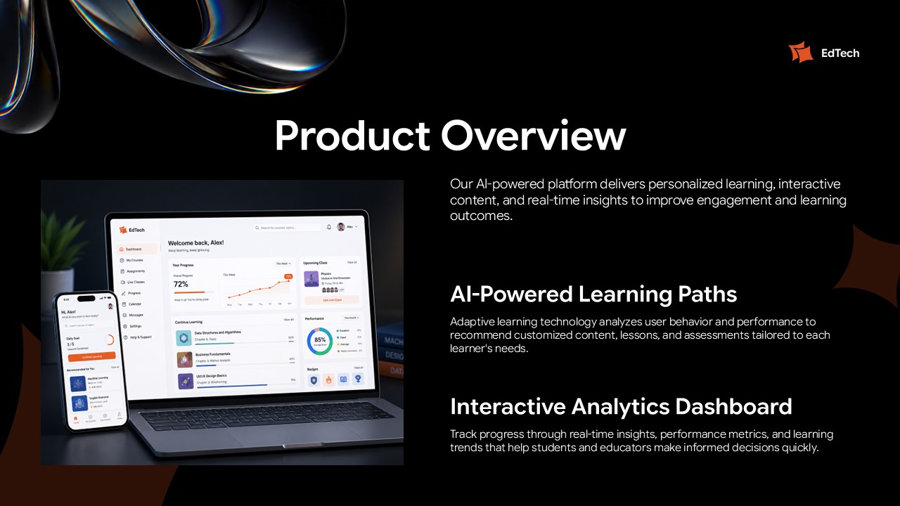 EdTech Startup product slide demonstrating platform interface through actual screenshots and feature descriptions