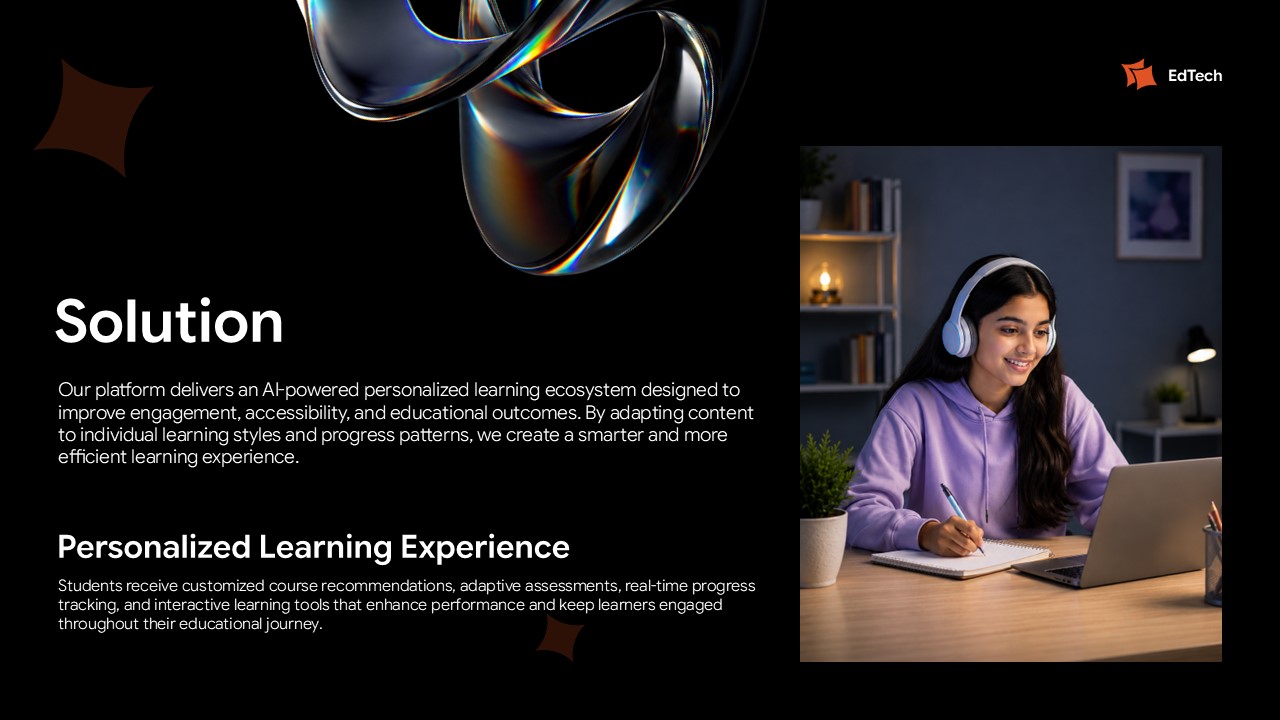 EdTech Startup solution slide presenting AI-powered learning ecosystem with positive student engagement imagery