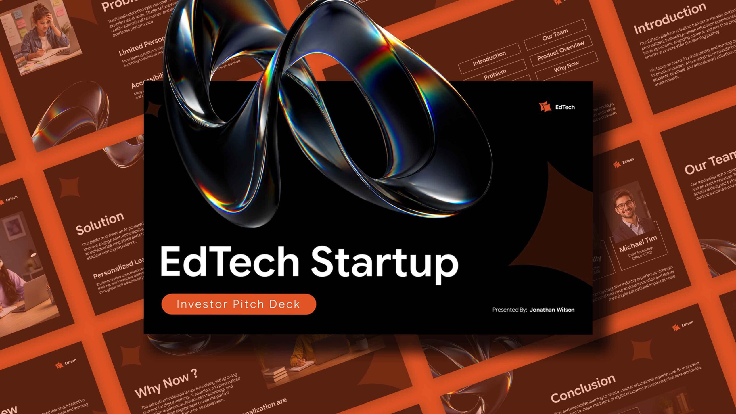 EdTech Startup template cover showcasing prismatic 3D ribbons against black backdrop with investor pitch deck branding