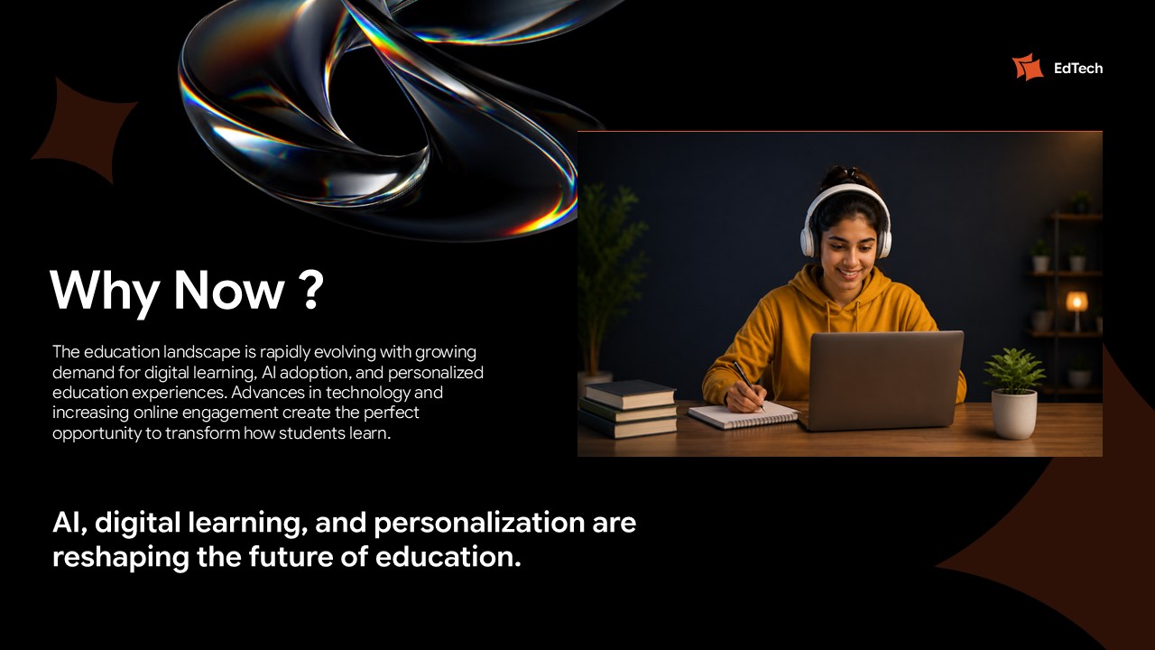EdTech Startup timing slide emphasizing market opportunity through student imagery and digital transformation narrative