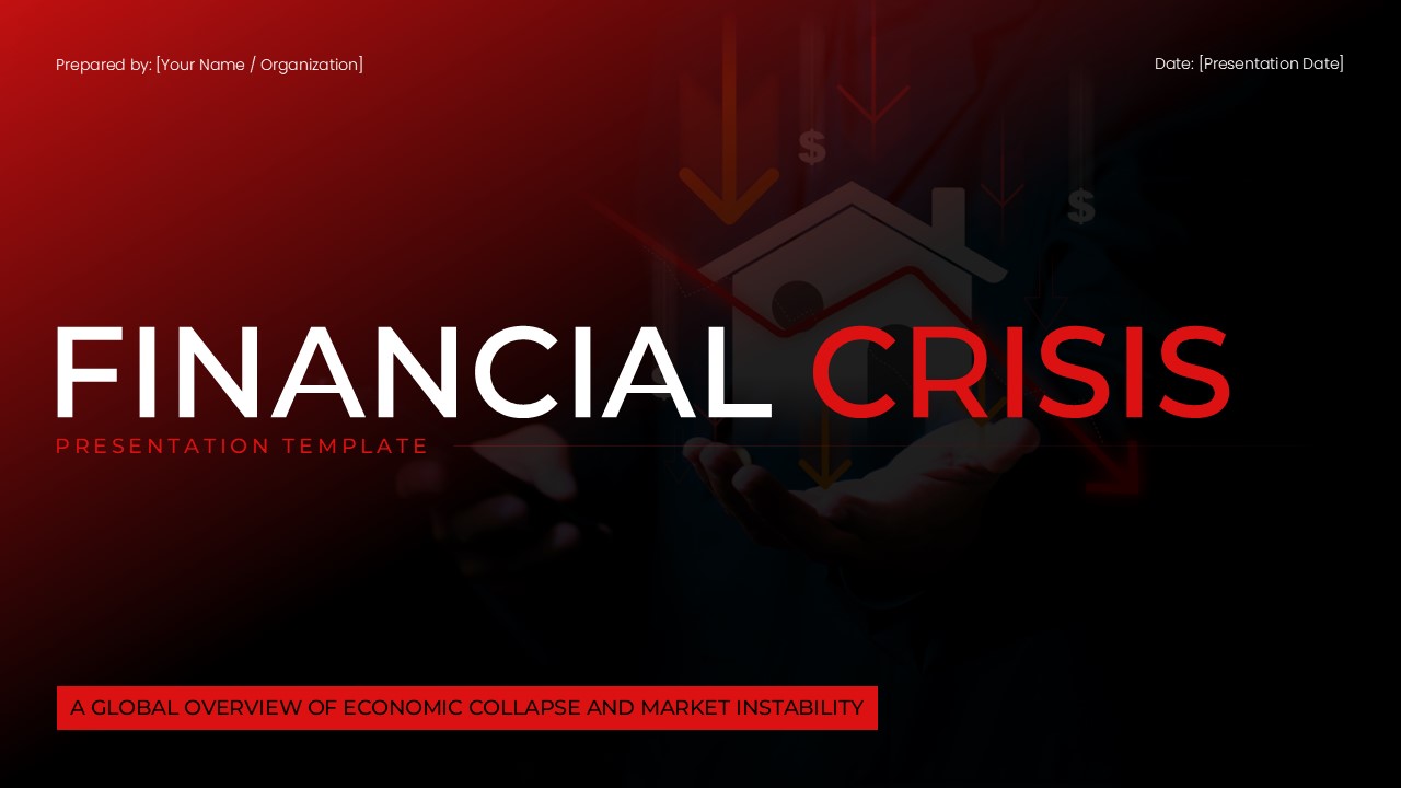 Financial Crisis Presentation - Cinematic black cover slide with red glow, bold headline and crisis overview banner