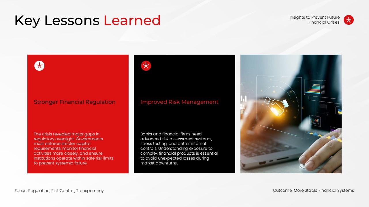 Financial Crisis Lessons Learned Slide - Red and black card layout covering stronger regulation and risk management insights
