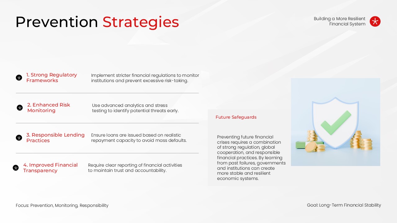 Financial Crisis Prevention Strategies Slide - Four numbered safeguards with illustrated shield graphic and resilience callout