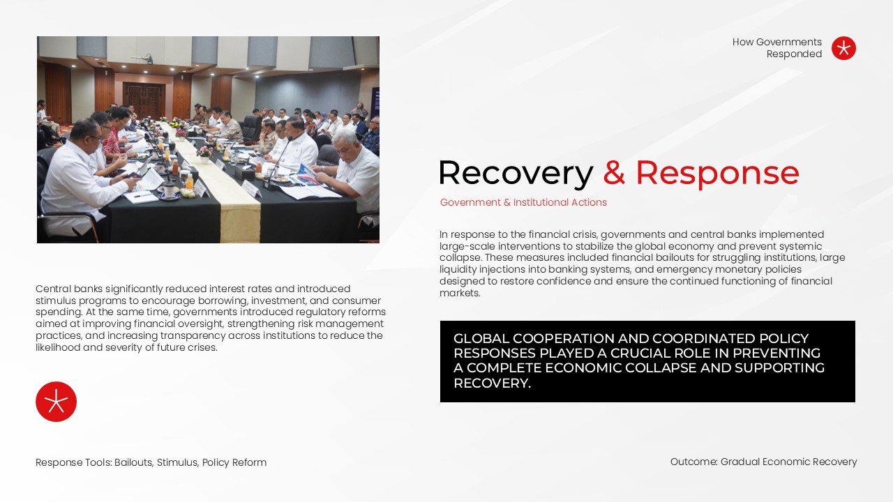 Financial Crisis Recovery Response Slide - Boardroom photo paired with government bailout and stimulus policy narrative