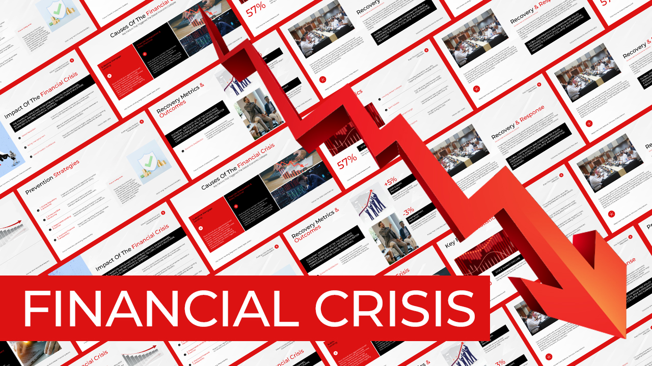 Financial Crisis Presentation Template - Bold red and black preview collage with dramatic 3D downward arrow
