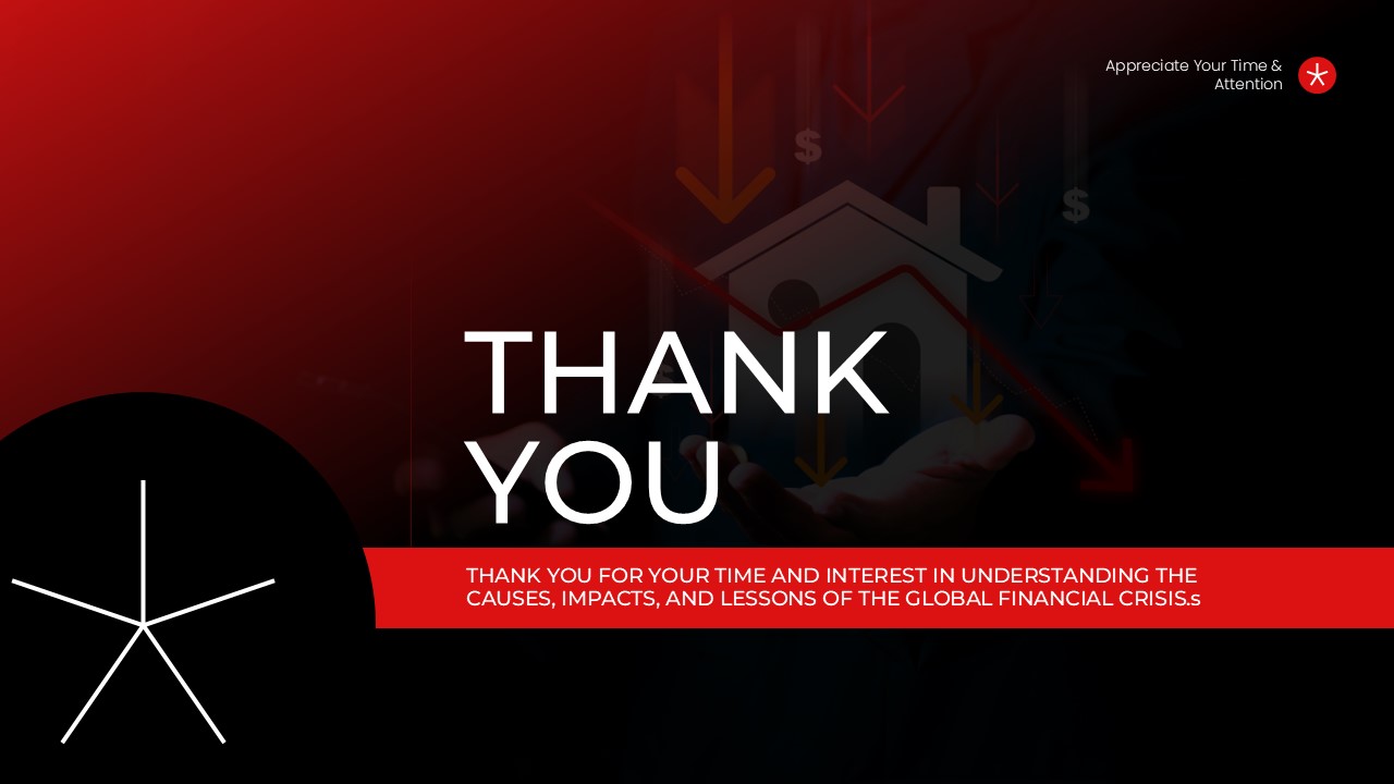 Financial Crisis Thank You Slide - Cinematic black closing slide with red glow and bold centered thank you message