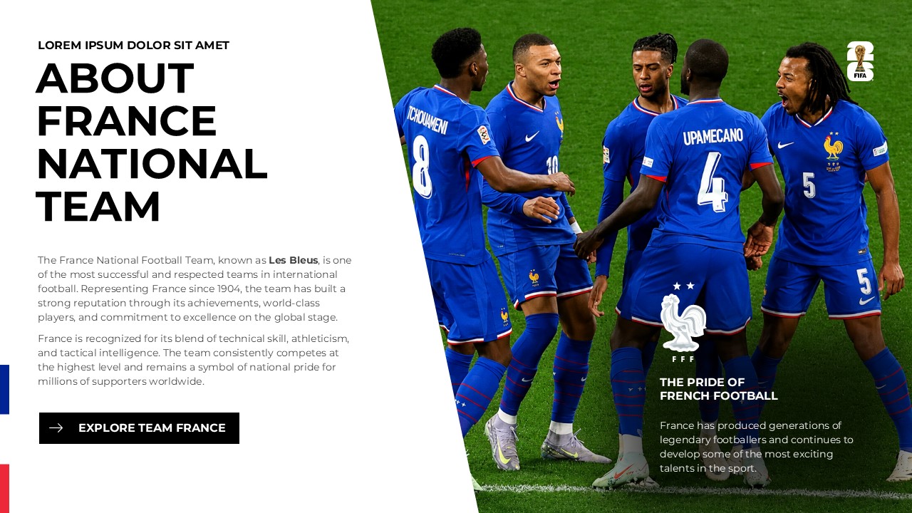 France Football Team Google Slides Template - Split editorial layout introducing Les Bleus with team photo and CTA