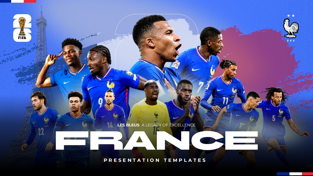 France Football Team Template - Bold cover slide with player collage, Eiffel Tower, and French tricolor branding