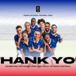 France Football Team Thank You Template - Closing slide with stadium backdrop, team photo, and tricolor gradient finale