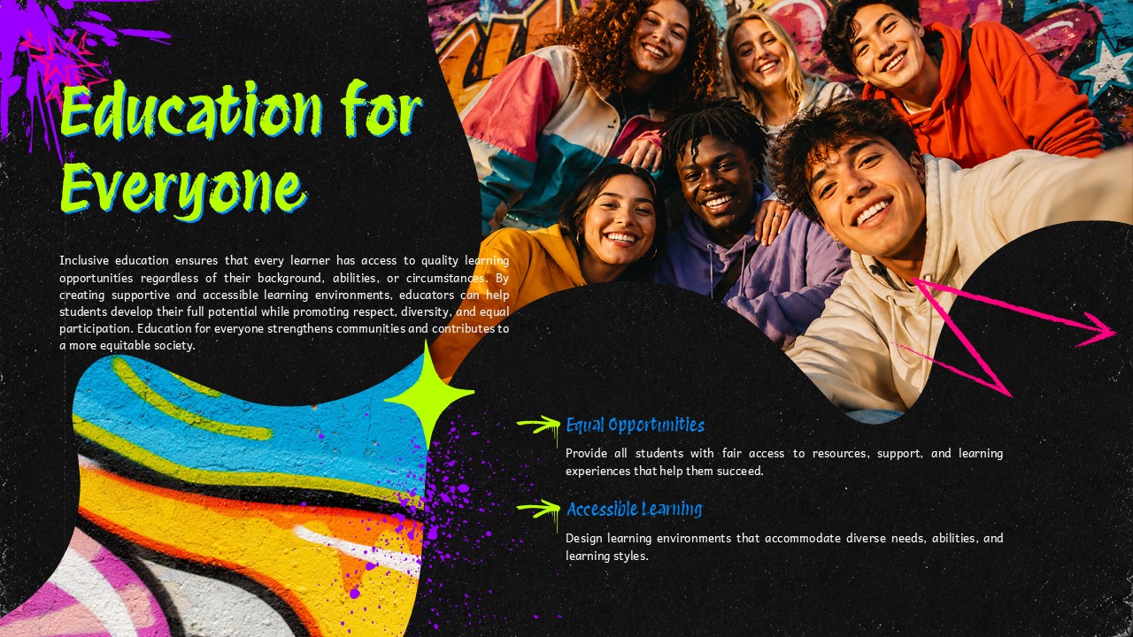 Graffiti Style Template - Education for Everyone slide highlighting equal opportunities and accessible learning