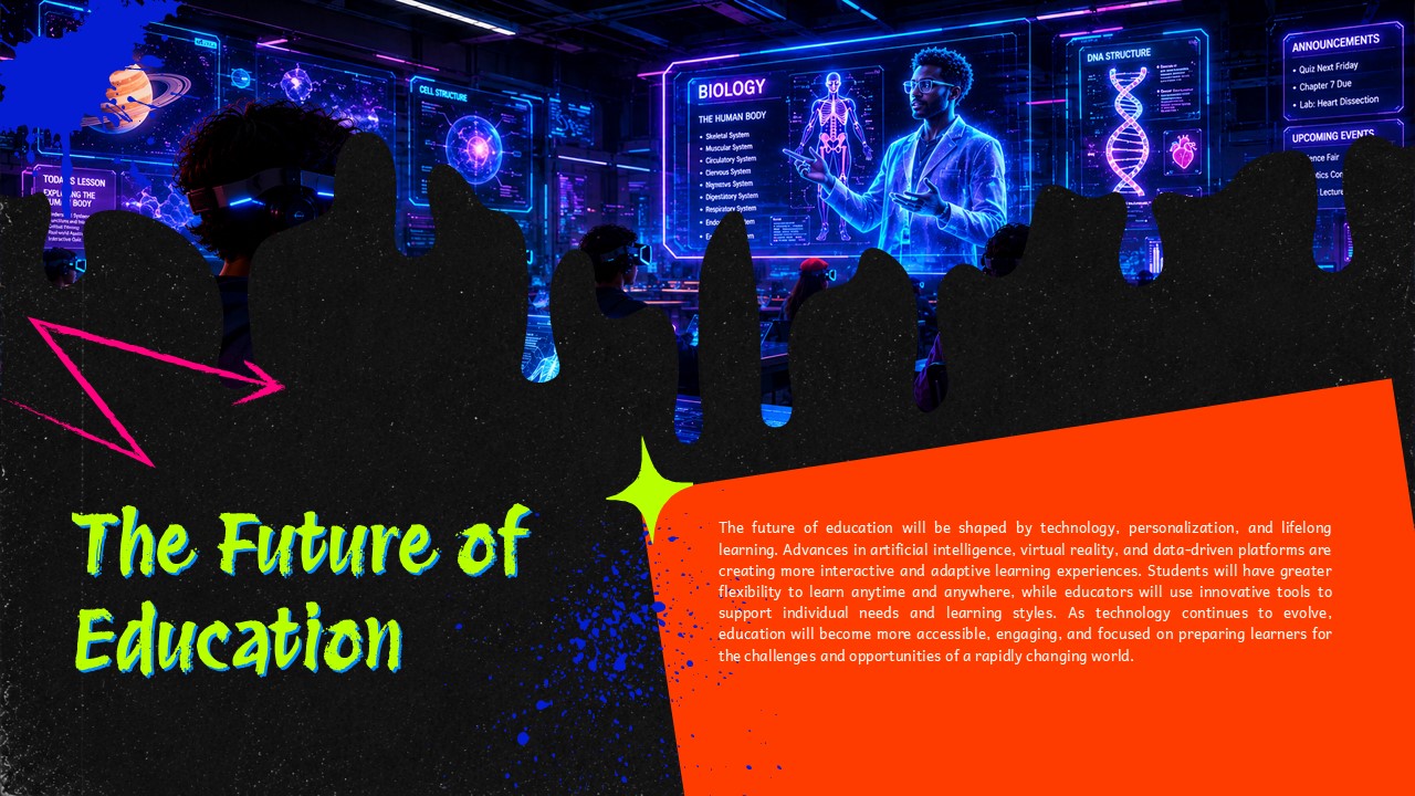 Graffiti Style Template - Future of Education slide with futuristic VR classroom and AI learning narrative