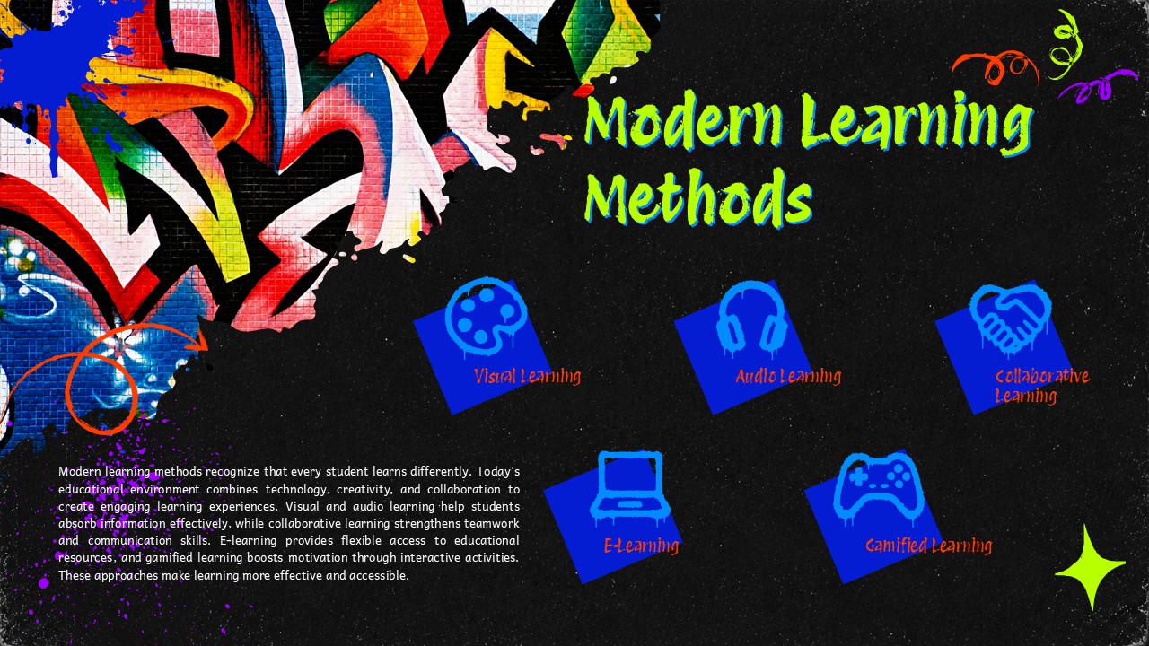 Graffiti Style Template - Modern Learning Methods slide with five icon tiles covering visual to gamified learning