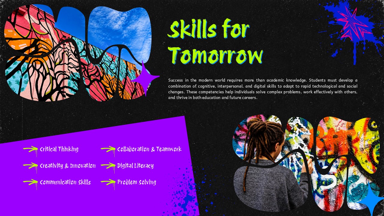 Graffiti Style Template - Skills for Tomorrow slide listing six future-ready competencies in two-column format