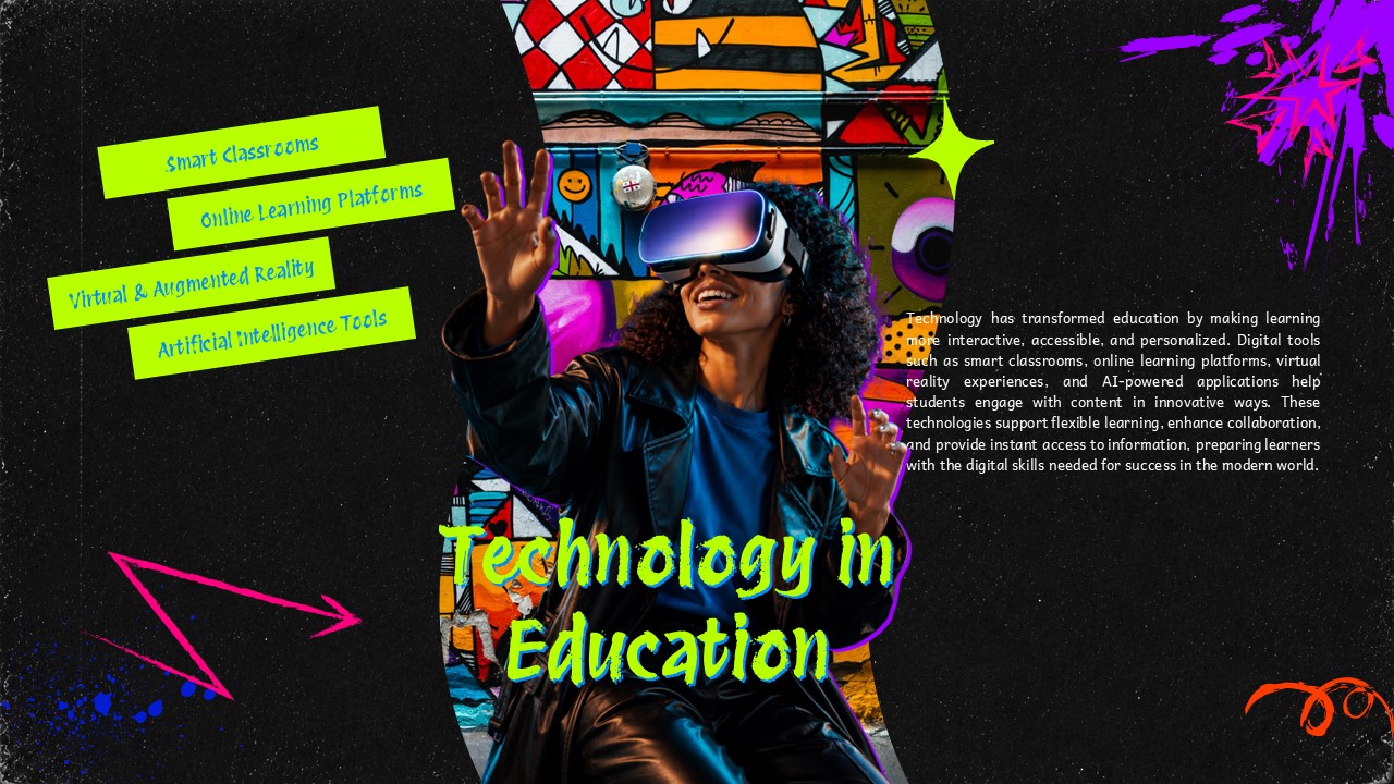 Graffiti Style Template - Technology in Education slide with VR headset silhouette and four tech category bars