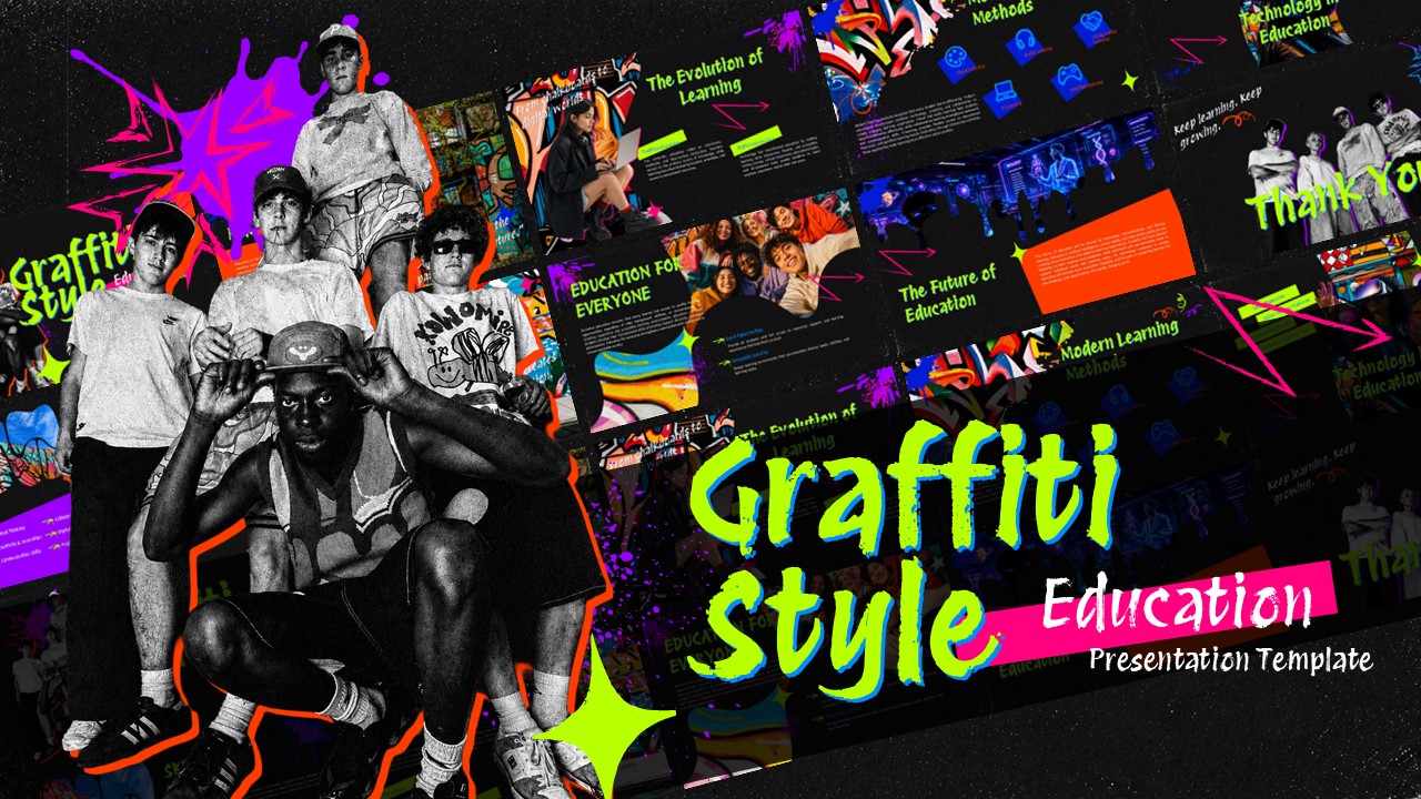 Graffiti Style Presentation Template - Full deck preview with urban street art aesthetic and neon accents