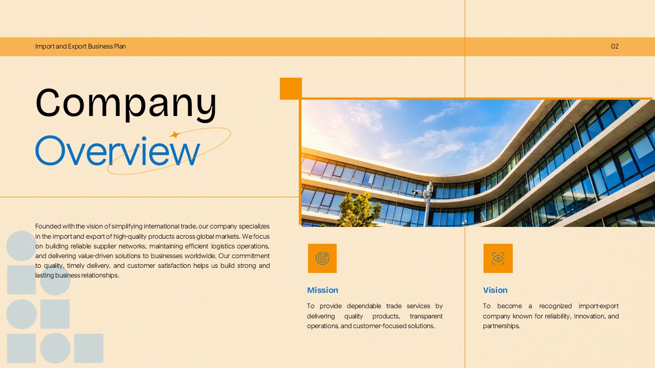 Import Export Business Plan Template - company overview slide with modern office building and mission vision sections