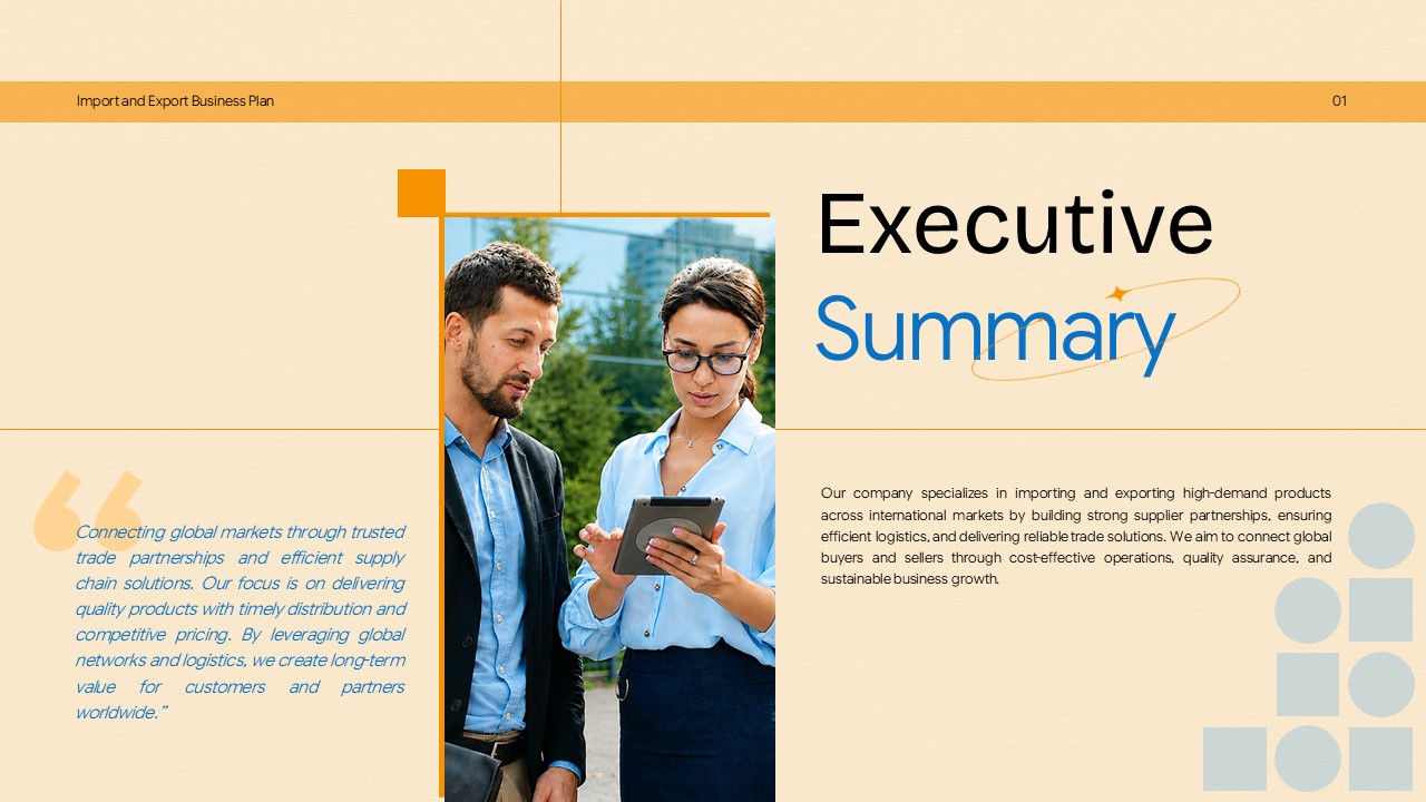 Import Export Business Plan Template - executive summary slide with two-column layout and business professionals image