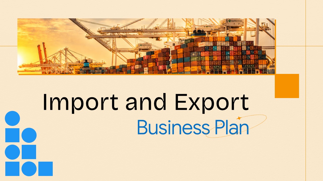 Import Export Business Plan Template - cover slide with container port image and blue geometric logo
