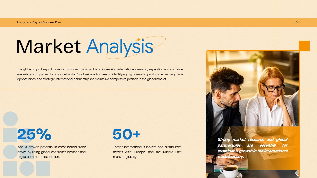 Import Export Business Plan Template - market analysis slide with business professionals and growth statistics
