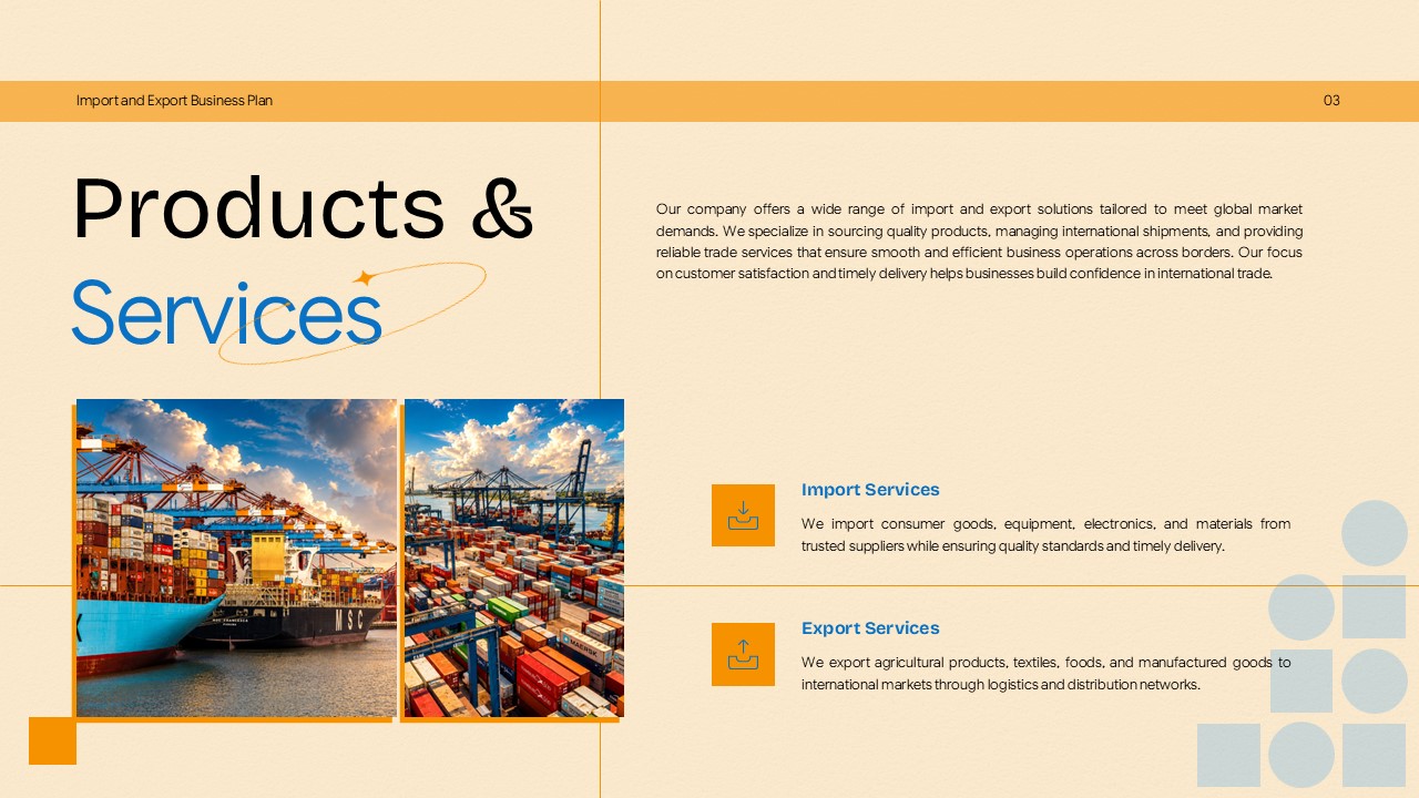 Import Export Business Plan Template - products services slide with container ships and import export sections
