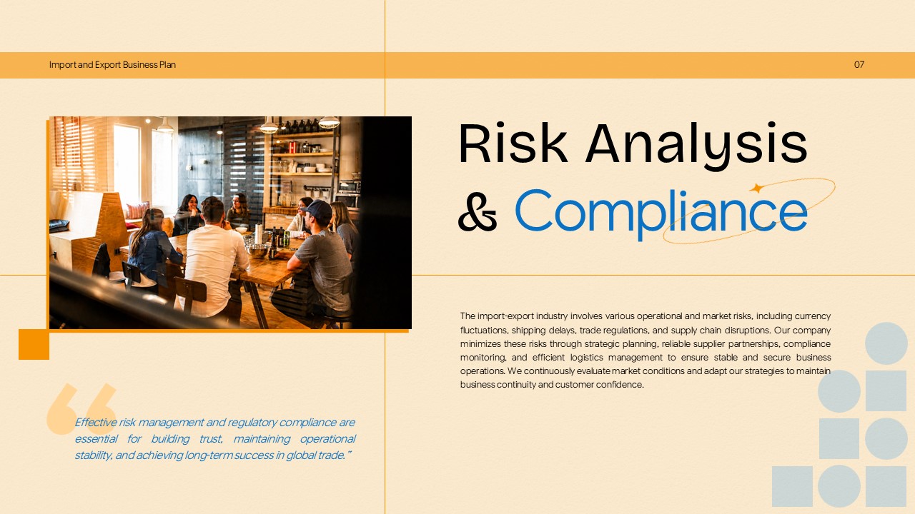 Import Export Business Plan Template - risk compliance slide with business meeting image and risk management content