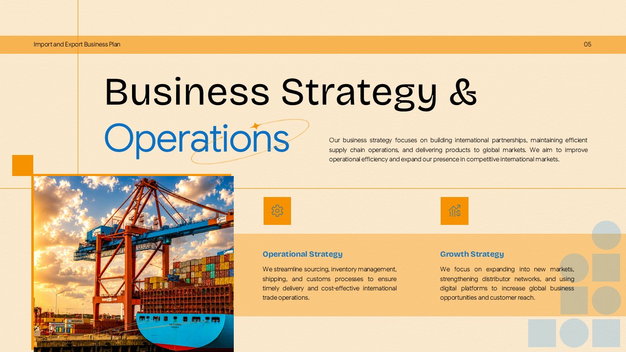 Import Export Business Plan Template - strategy operations slide with container ship and operational growth sections
