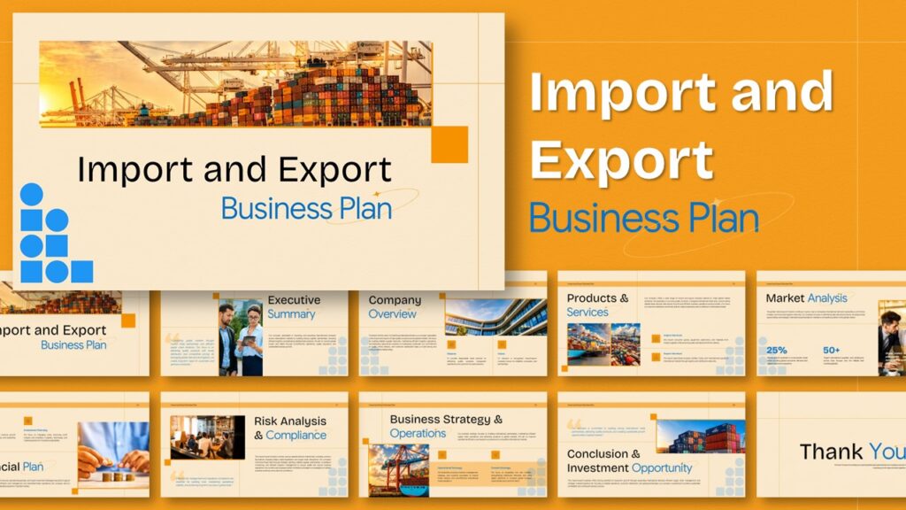 Import Export Business Plan Template - overview slide with grid layout showing 11 presentation slides thumbnails