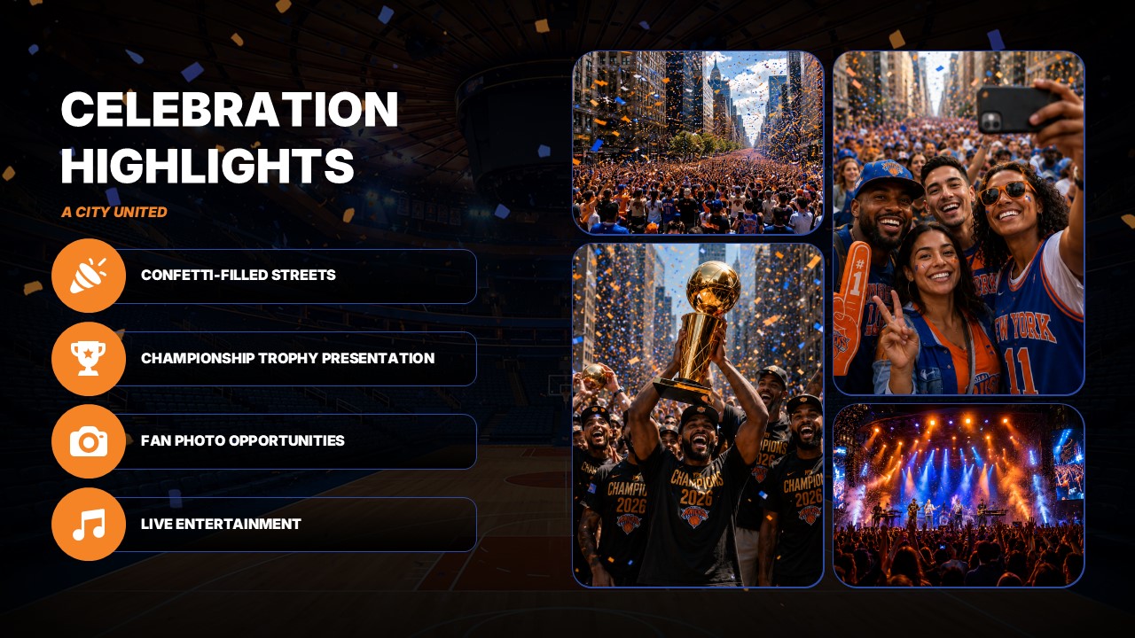 Knicks Parade Template - Celebration highlights slide to showcase key parade activities and fan experiences