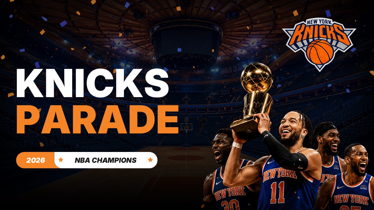 Knicks Parade Template - Title slide to announce 2026 NBA Champions celebration with trophy and confetti design