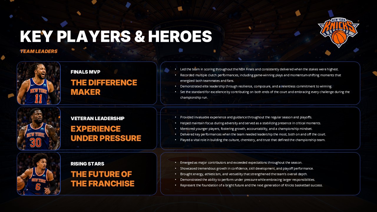 Knicks Parade Template - Key players slide to highlight championship team heroes and their contributions